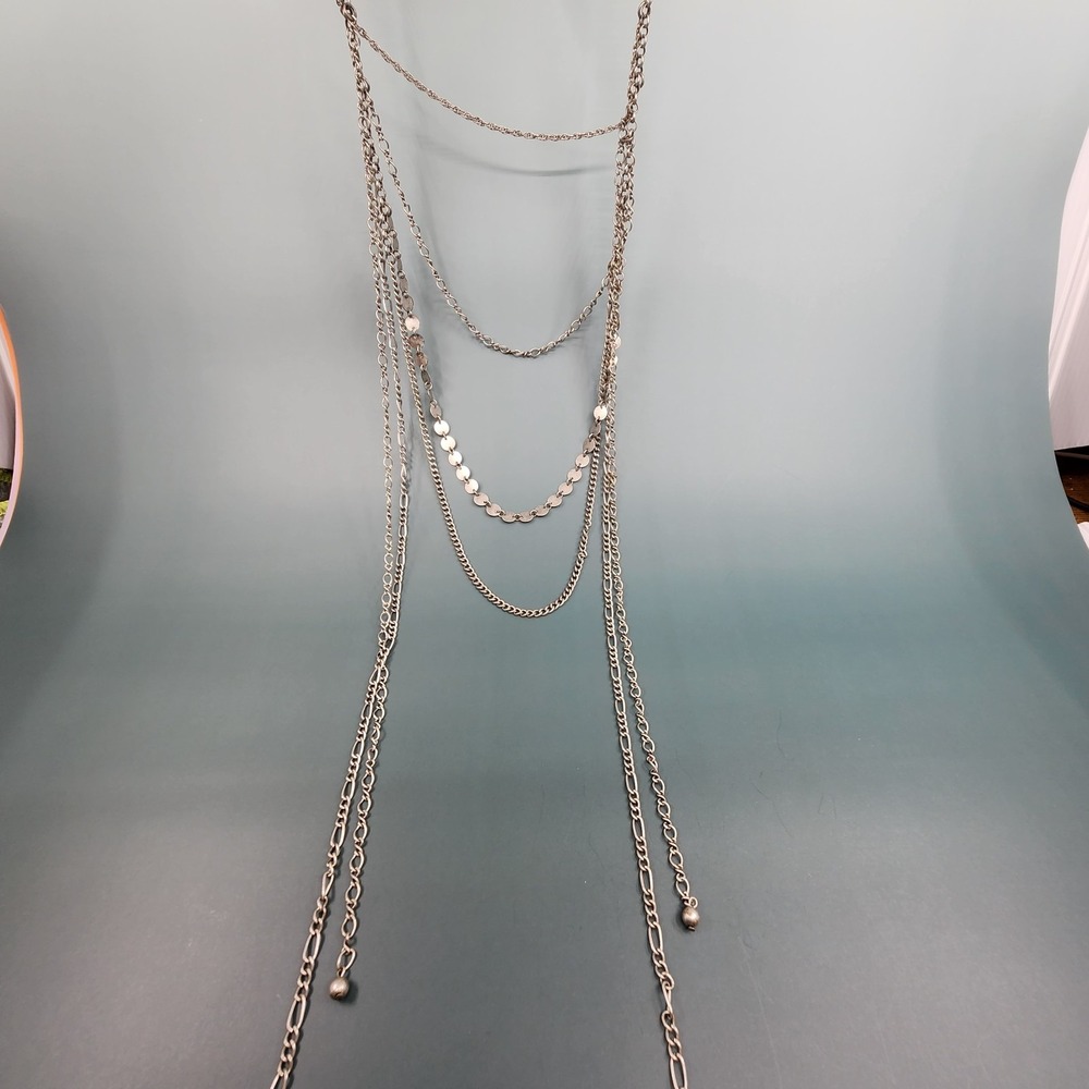 Coldwater Creek Silver Tone Multi Strand Layered Chain Necklace Disc Tassel Boho